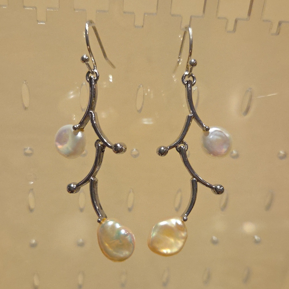 Keshi Pearl Branch Drop Silver Tone Earrings